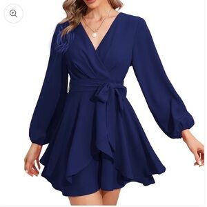 NWT EXLURA Navy Blue dressy long sleeve, detailed raffle romper size L